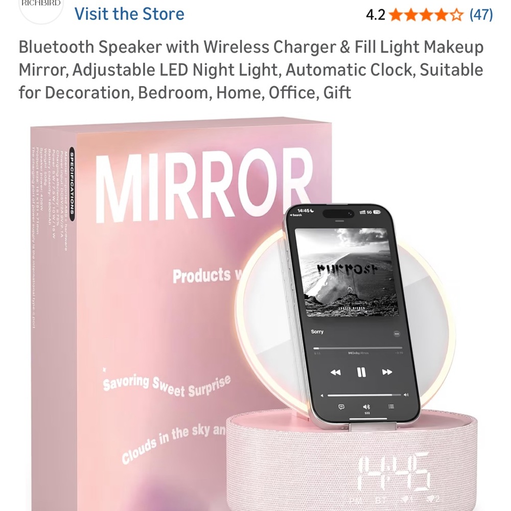 Mirror, wireless charger and bluetooth speaker